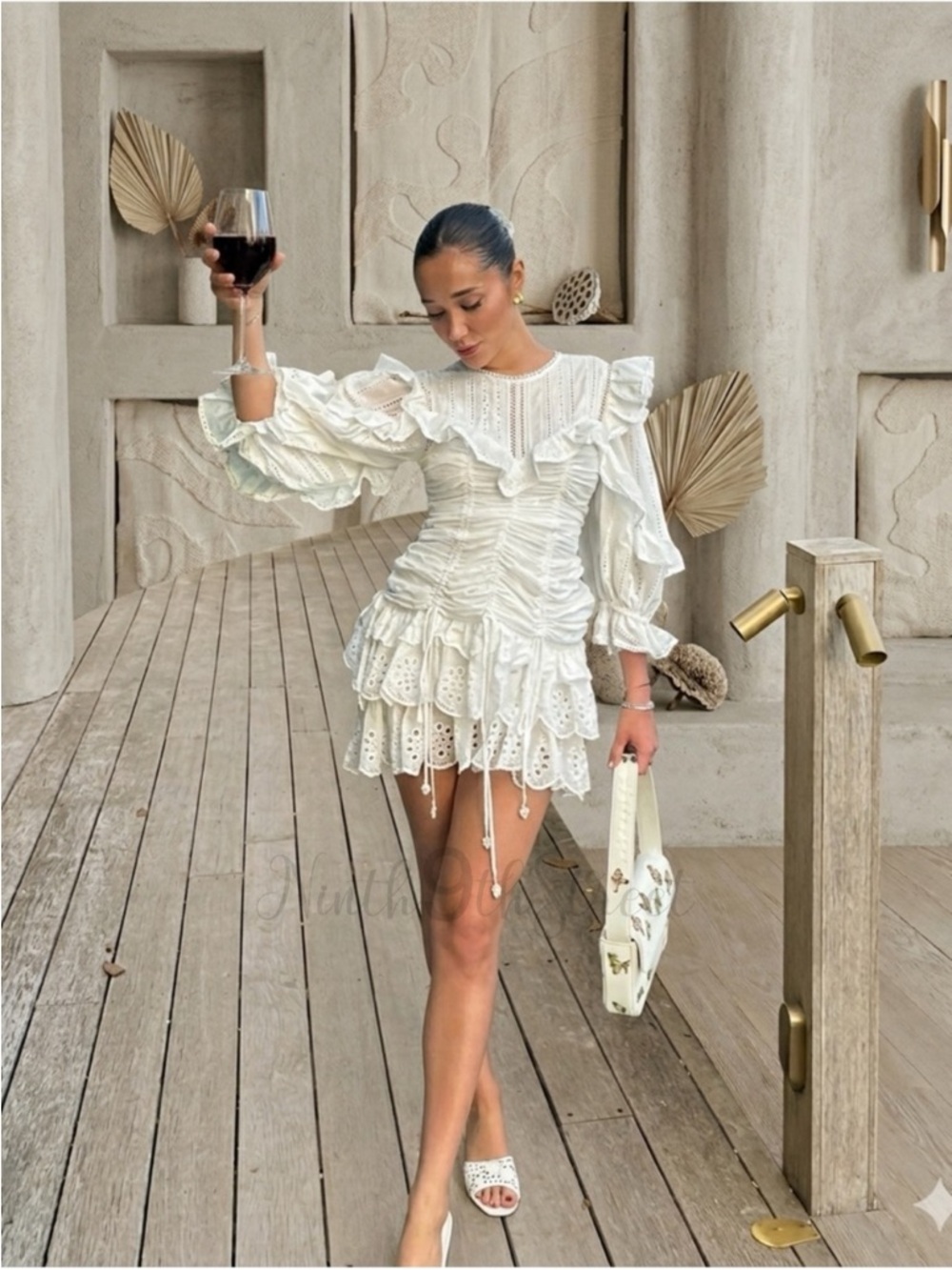 Farm Rio White Lace Cotton Mini Dress Eyelet Scalloped Victorian NWT S M - Picture 5 of 16